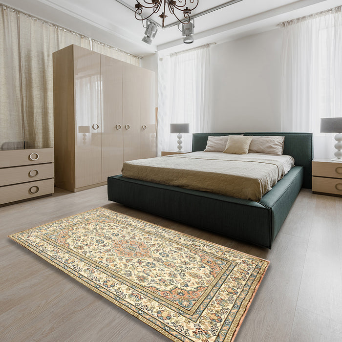 Traditional Khaki Gold Medallion Rug in a Bedroom, tr368