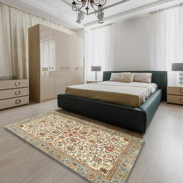 Machine Washable Traditional Khaki Gold Rug in a Bedroom, wshtr3694