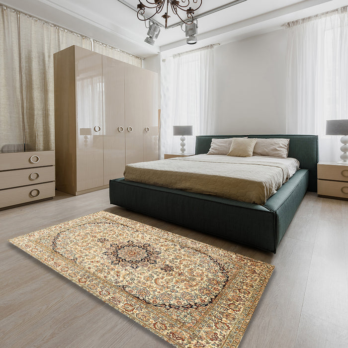 Machine Washable Traditional Khaki Gold Rug in a Bedroom, wshtr370