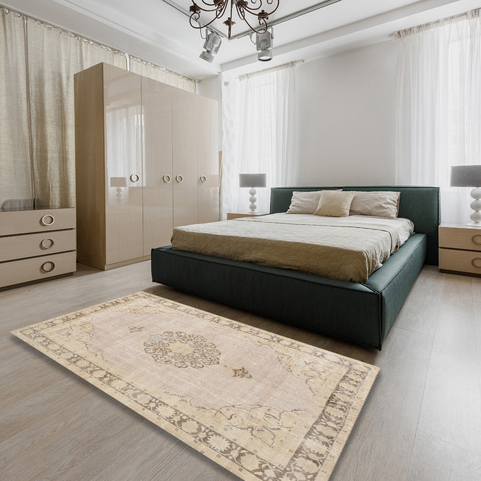 Traditional Light French Beige Brown Persian Rug in a Bedroom, tr3716