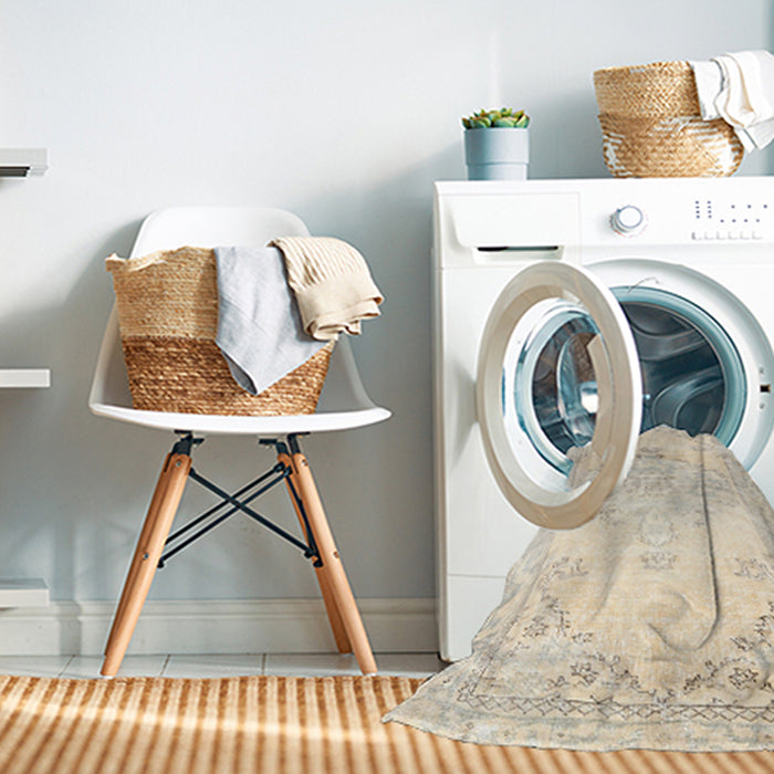 Machine Washable Traditional Moccasin Beige Rug in a Washing Machine, wshtr3740