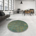 Round Machine Washable Traditional Dark Olive Green Rug in a Office, wshtr3746