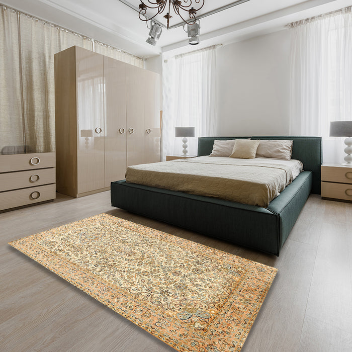 Machine Washable Traditional Brown Gold Rug in a Bedroom, wshtr375