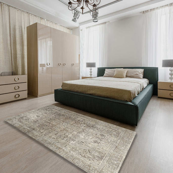 Machine Washable Traditional Khaki Green Rug in a Bedroom, wshtr3764
