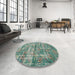 Round Machine Washable Traditional Sea Green Rug in a Office, wshtr3765