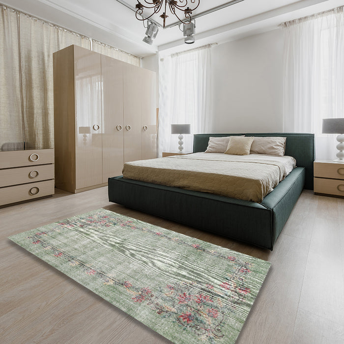 Traditional Khaki Green Oriental Rug in a Bedroom, tr3767