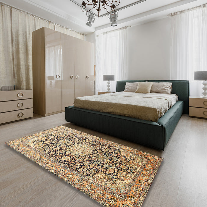 Traditional Brown Gold Medallion Rug in a Bedroom, tr376