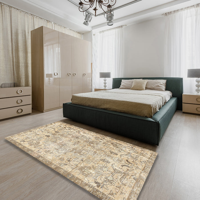 Machine Washable Traditional Khaki Gold Rug in a Bedroom, wshtr3780