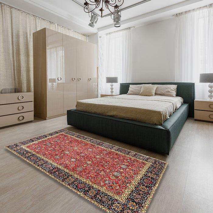 Machine Washable Traditional Saffron Red Rug in a Bedroom, wshtr3798
