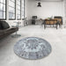 Round Machine Washable Traditional Light Steel Blue Rug in a Office, wshtr3813