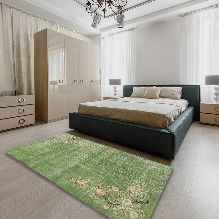 Traditional Olive Green Oriental Rug in a Bedroom, tr3821