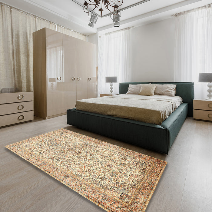 Machine Washable Traditional Khaki Gold Rug in a Bedroom, wshtr383