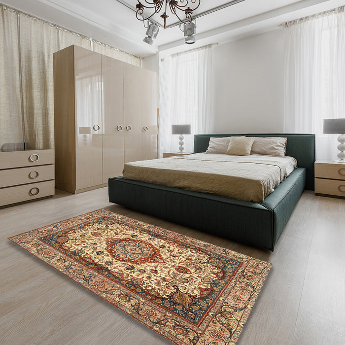 Traditional Dark Sienna Brown Medallion Rug in a Bedroom, tr384
