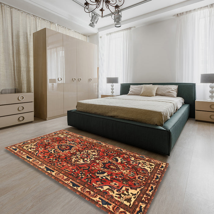 Machine Washable Traditional Saffron Red Rug in a Bedroom, wshtr388