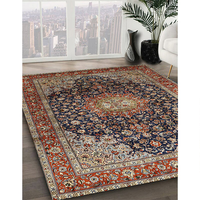 Traditional Camel Brown Medallion Rug in Family Room, tr389