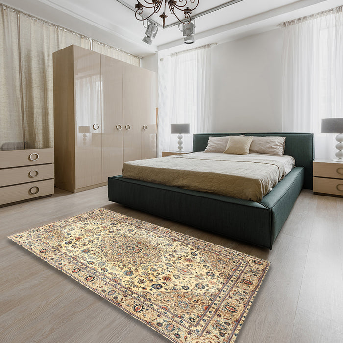 Traditional Brown Gold Medallion Rug in a Bedroom, tr3900