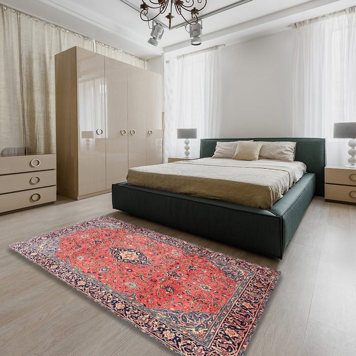 Machine Washable Traditional Brown Red Rug in a Bedroom, wshtr3920