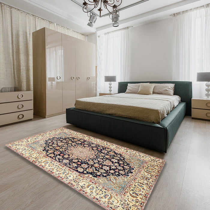 Traditional Chestnut Brown Persian Rug in a Bedroom, tr3946