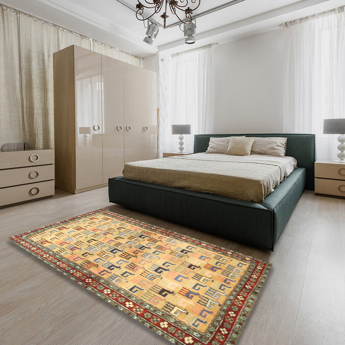 Traditional Chrome Gold Yellow Persian Rug in a Bedroom, tr3956