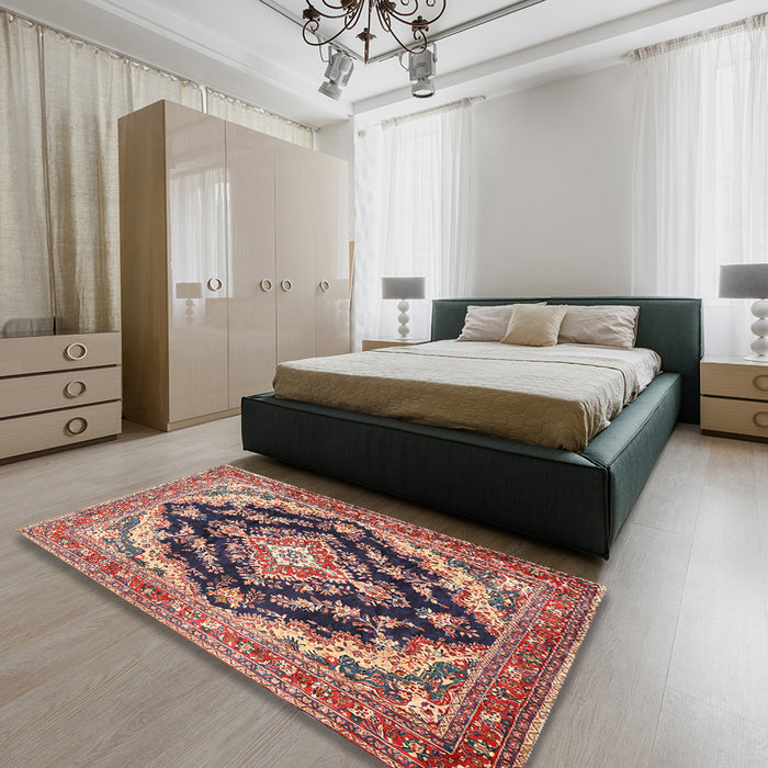 Traditional Brown Red Medallion Rug in a Bedroom, tr395