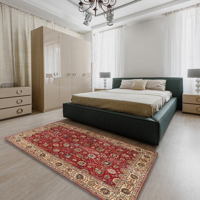 Machine Washable Traditional Tomato Red Rug in a Bedroom, wshtr3978