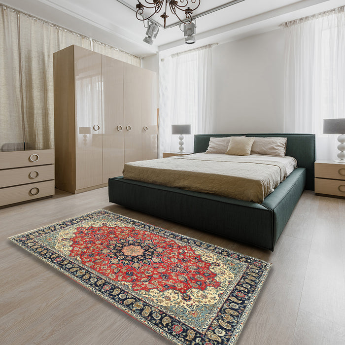 Machine Washable Traditional Light French Beige Brown Rug in a Bedroom, wshtr397