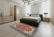 Traditional Light French Beige Brown Medallion Rug in a Bedroom, tr397