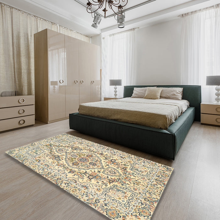 Traditional Dark Almond Brown Medallion Rug in a Bedroom, tr398