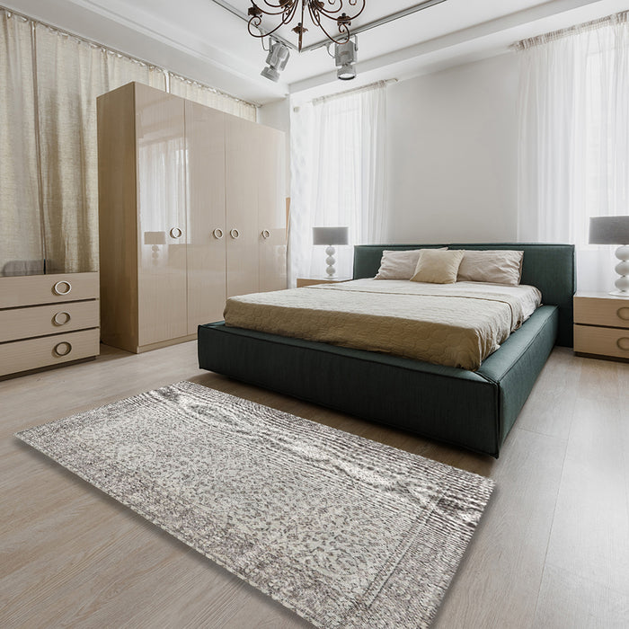 Traditional Dark White Beige Persian Rug in a Bedroom, tr3997