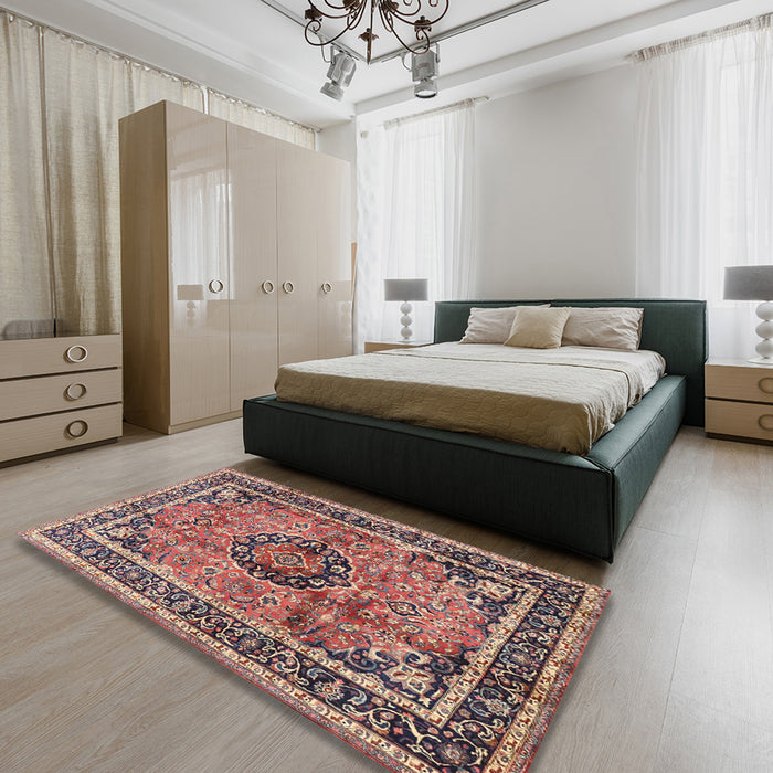 Machine Washable Traditional Brown Red Rug in a Bedroom, wshtr4008