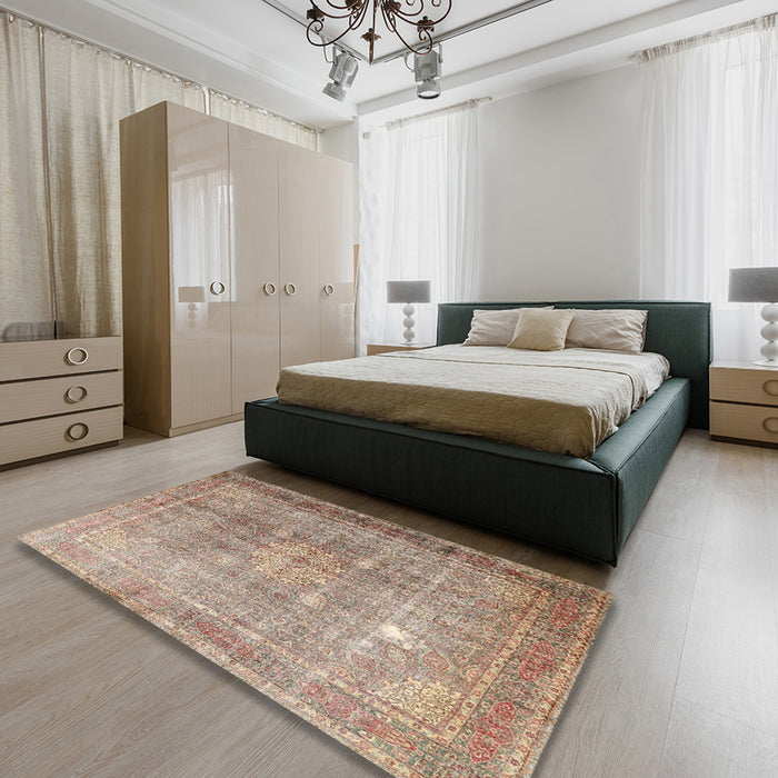 Machine Washable Traditional Dark Gold Brown Rug in a Bedroom, wshtr4059