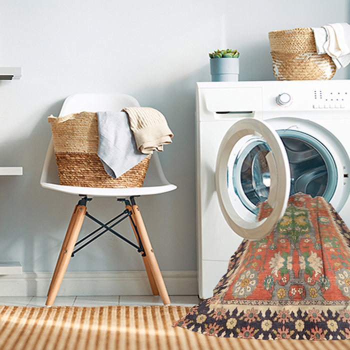 Machine Washable Traditional Brown Green Rug in a Washing Machine, wshtr4074