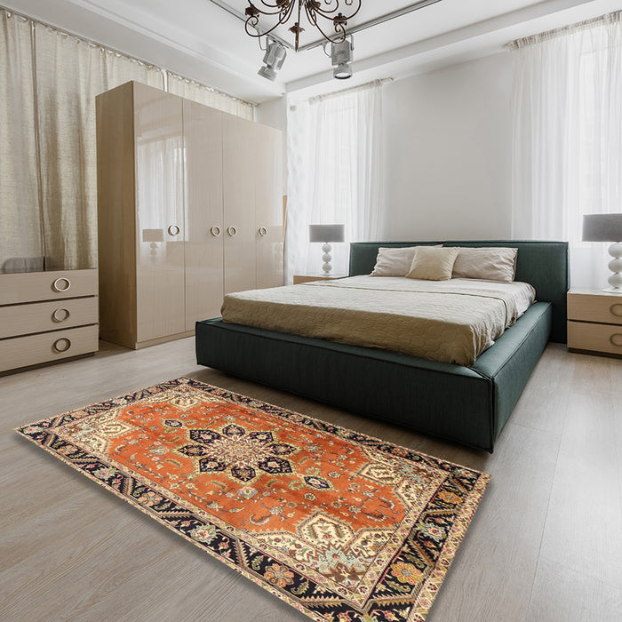 Traditional Mahogany Brown Persian Rug in a Bedroom, tr4081