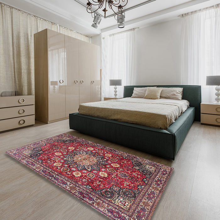 Machine Washable Traditional Rosy Pink Rug in a Bedroom, wshtr4083