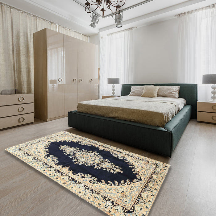 Traditional Khaki Gold Medallion Rug in a Bedroom, tr4085