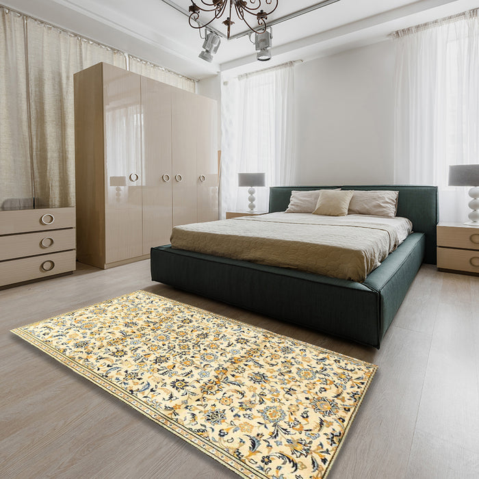 Machine Washable Traditional Khaki Gold Rug in a Bedroom, wshtr4088