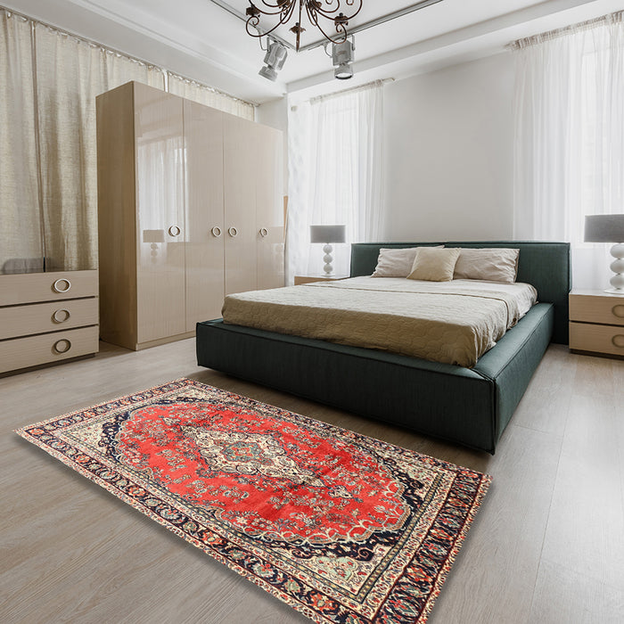 Traditional Fire Brick Red Medallion Rug in a Bedroom, tr408
