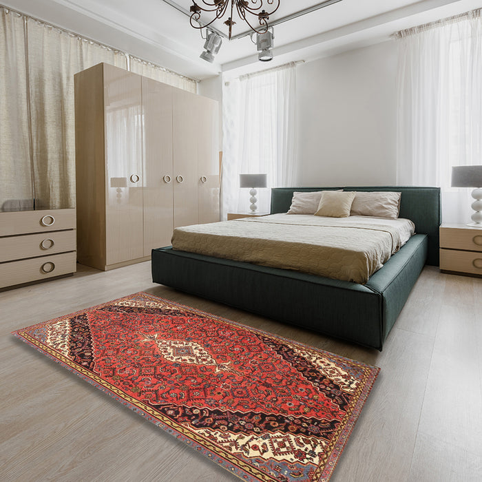 Traditional Copper Red Pink Medallion Rug in a Bedroom, tr4104