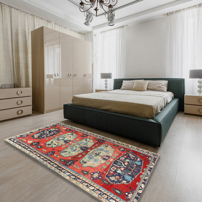 Machine Washable Traditional Brown Red Rug in a Bedroom, wshtr4116