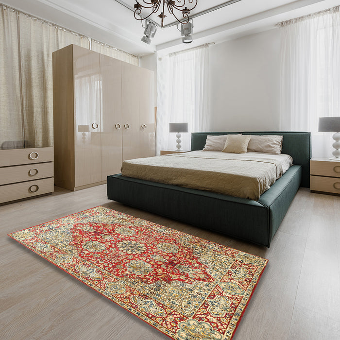 Machine Washable Traditional Brown Gold Rug in a Bedroom, wshtr412