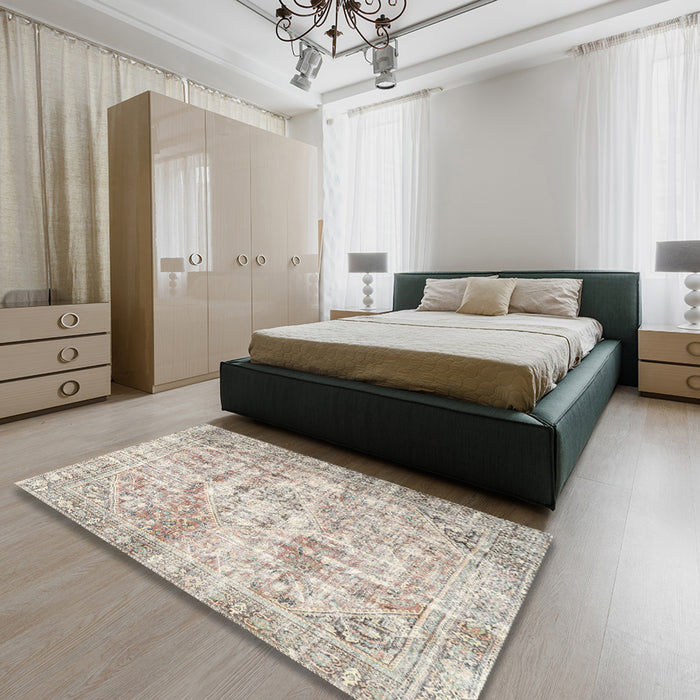 Traditional Desert Sand Beige Persian Rug in a Bedroom, tr4140