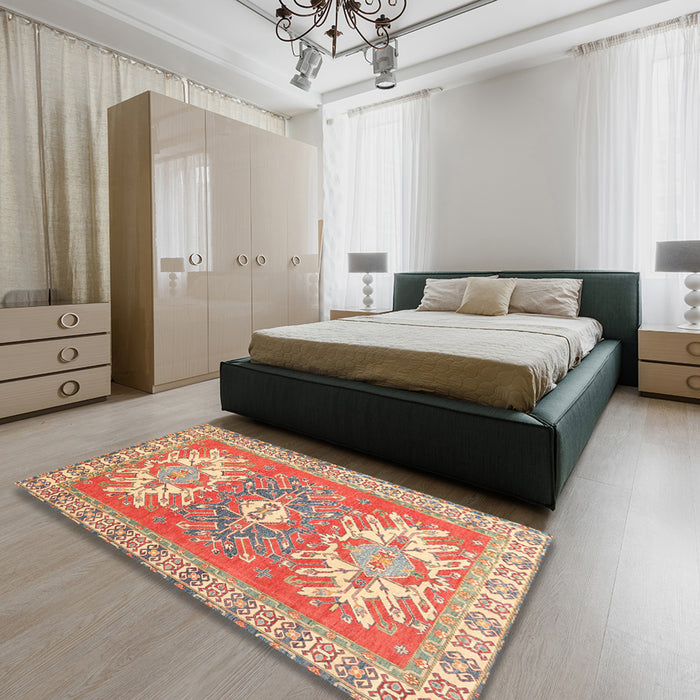 Traditional Red Geometric Rug in a Bedroom, tr418