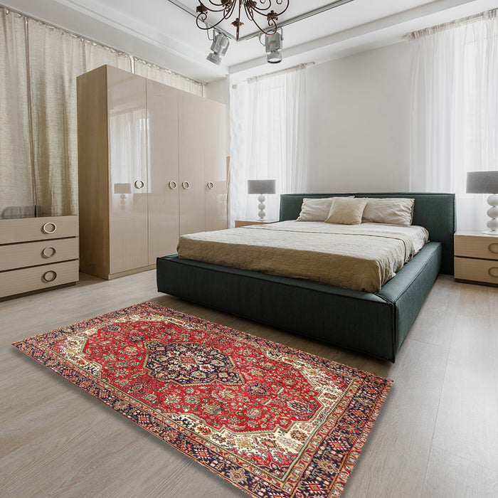 Machine Washable Traditional Tomato Red Rug in a Bedroom, wshtr4199