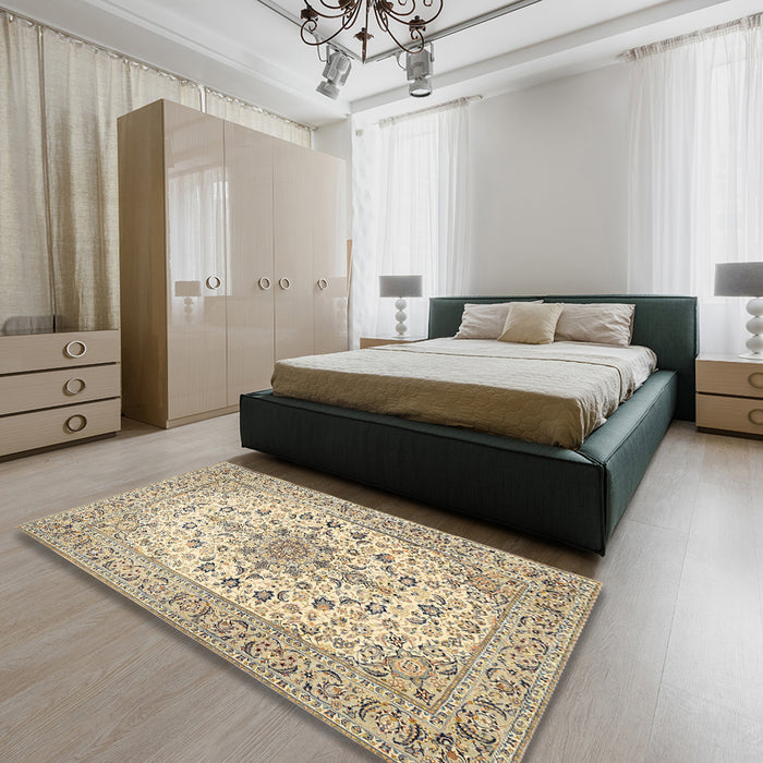 Machine Washable Traditional Dark Almond Brown Rug in a Bedroom, wshtr422