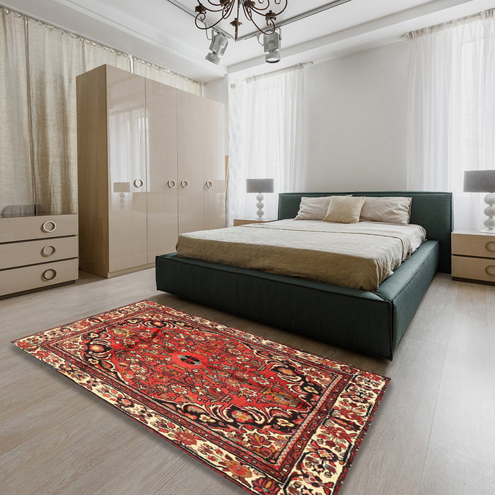 Machine Washable Traditional Tomato Red Rug in a Bedroom, wshtr4251