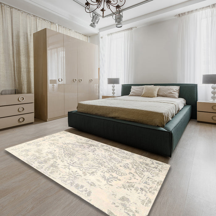 Traditional Desert Sand Beige Persian Rug in a Bedroom, tr4264