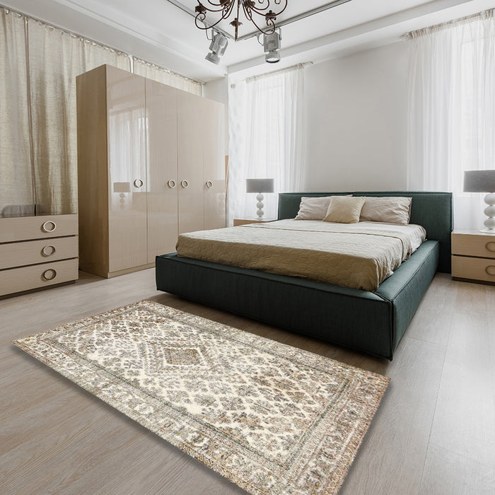 Machine Washable Traditional Wheat Beige Rug in a Bedroom, wshtr4275