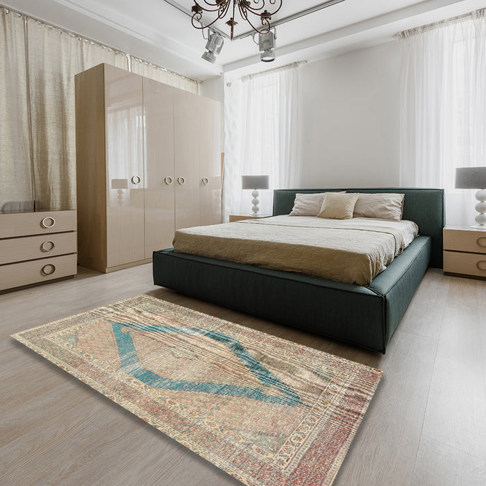 Machine Washable Traditional Dark Almond Brown Rug in a Bedroom, wshtr4284