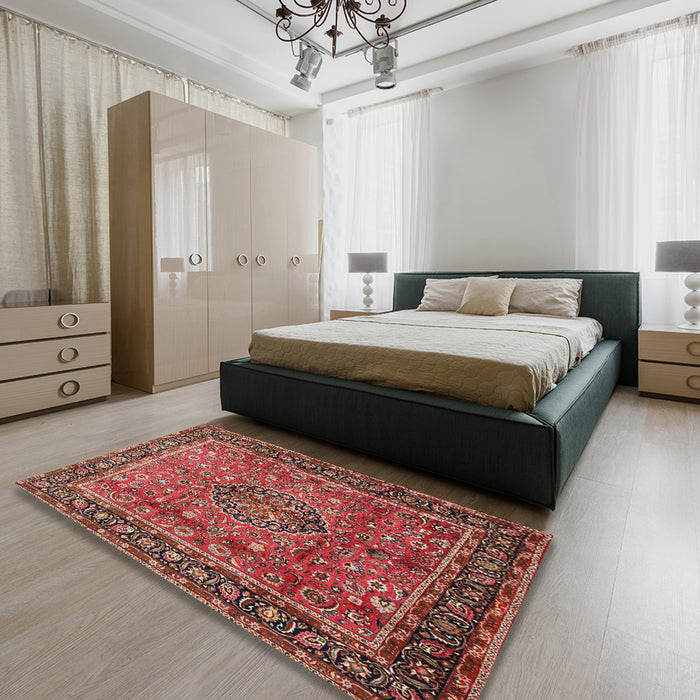 Traditional Copper Red Pink Persian Rug in a Bedroom, tr431
