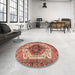 Round Machine Washable Traditional Tangerine Pink Rug in a Office, wshtr4350